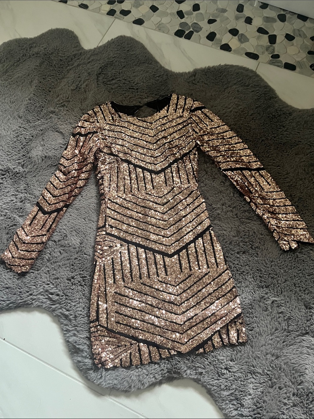 Rose Gold Sequin Geometric Long Sleeve Mini Dress